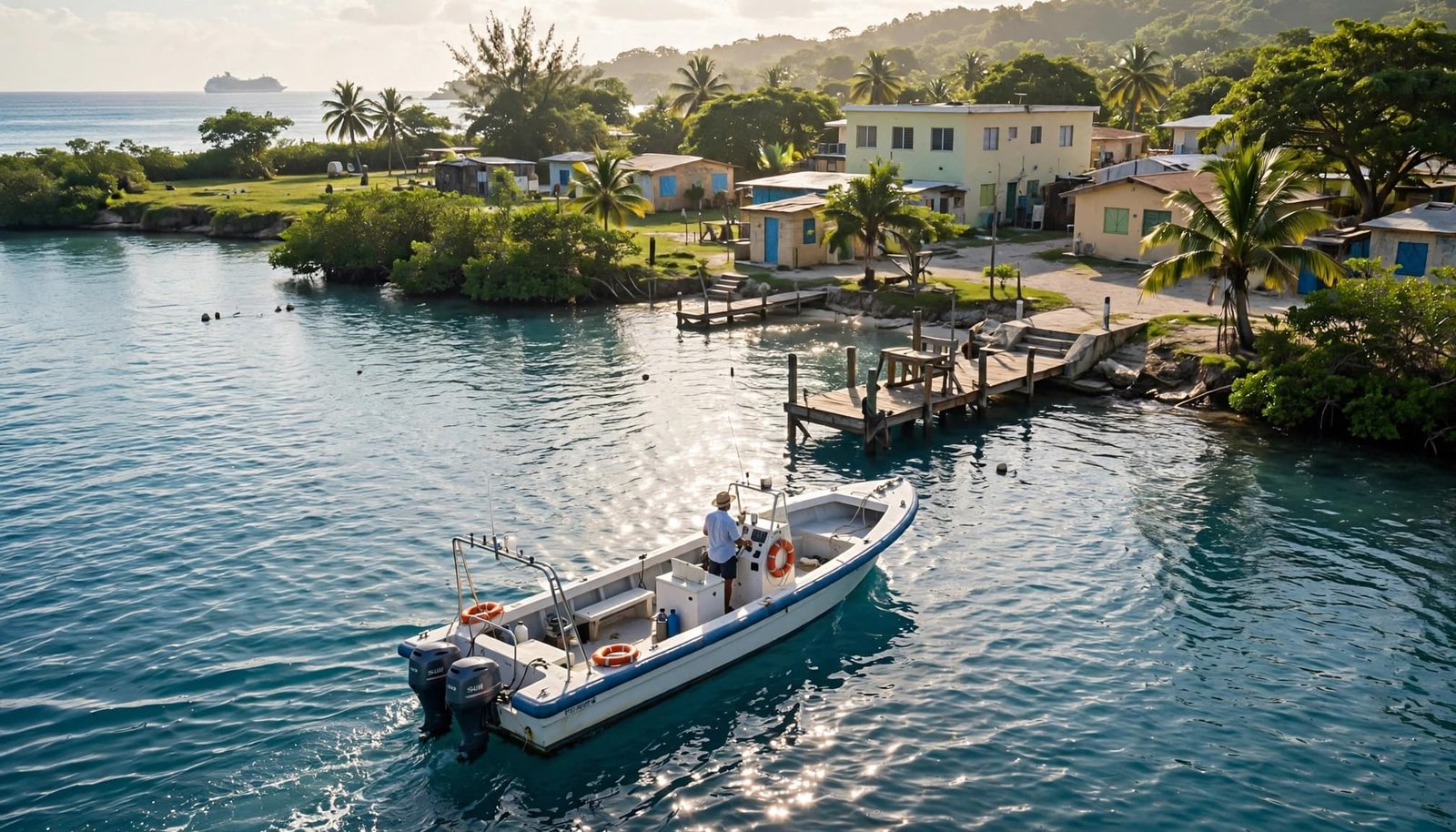 A passenger tender approaches a Belize City landing, with green shoreline behind it.