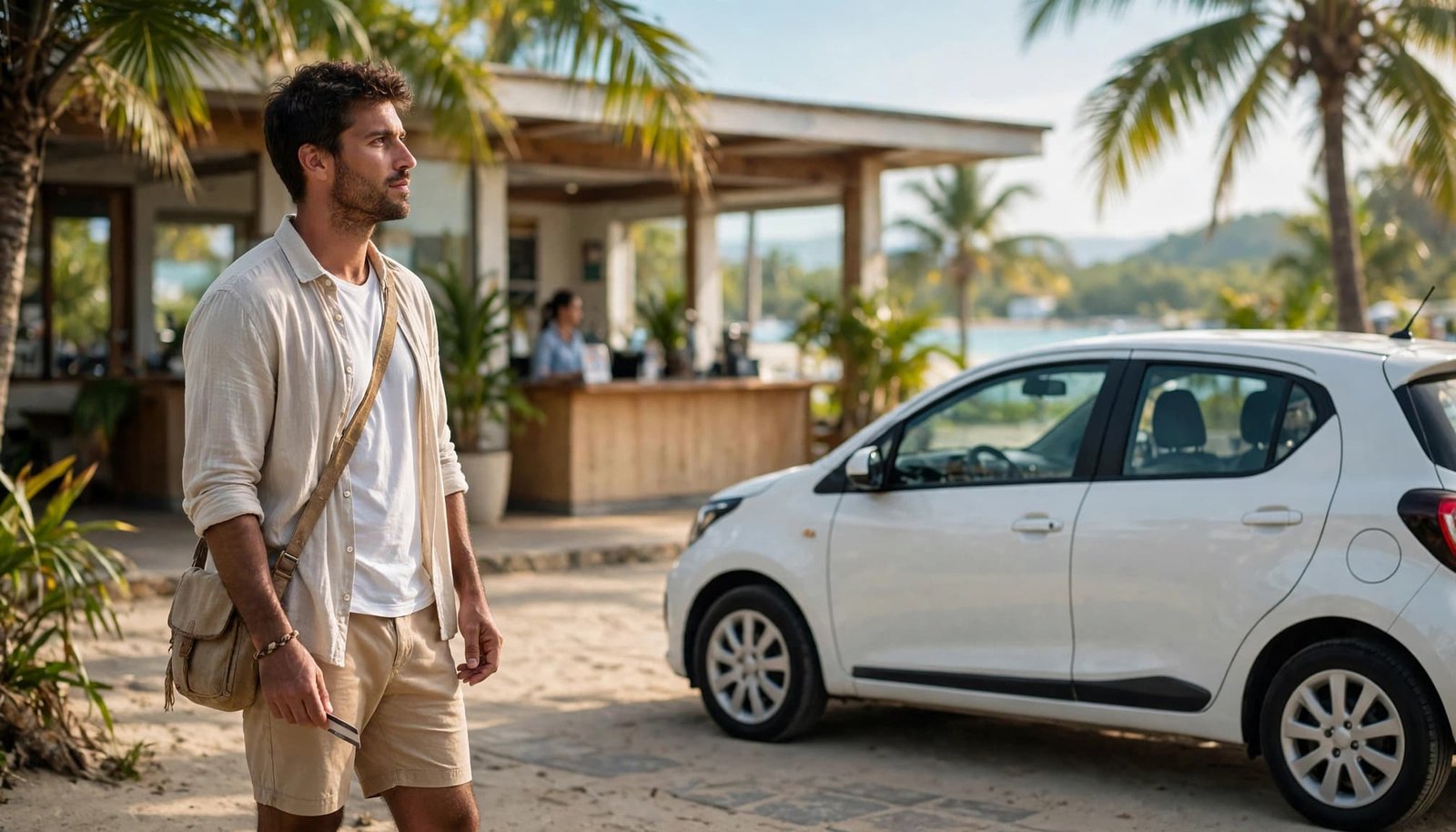 A traveler stands next to a white car near an outdoor terminal with palm trees.