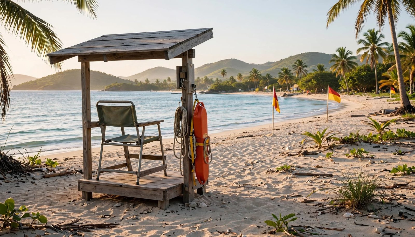 An empty wooden lifeguard chair stands on a sandy tropical beach with red and yellow flags in the background.