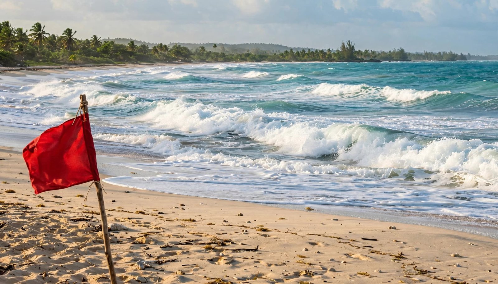 A red warning flag on a wooden pole stands on a sandy beach with rough surf breaking in the turquoise water.