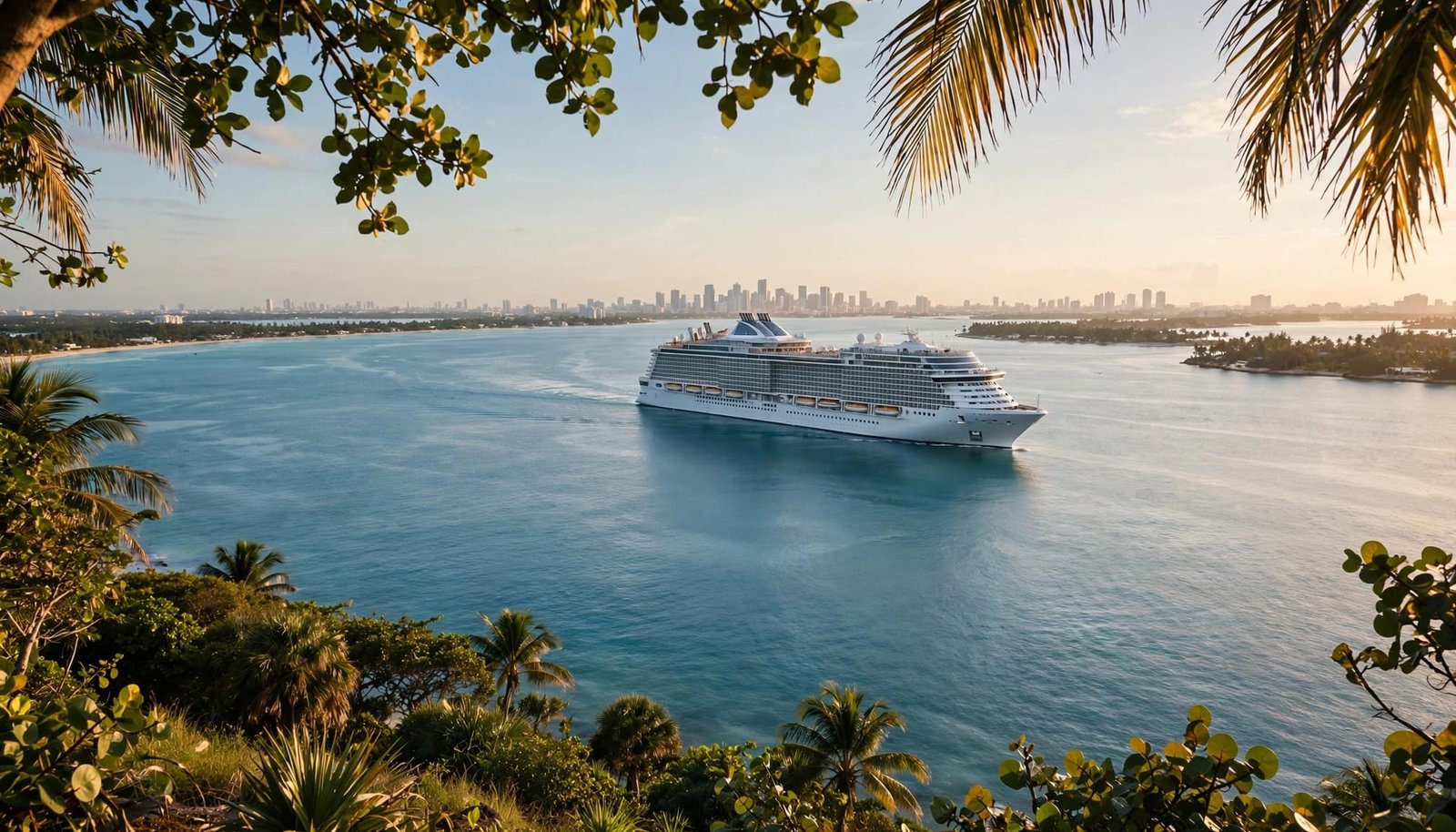 A cruise ship sails across turquoise water near a tropical coastline.