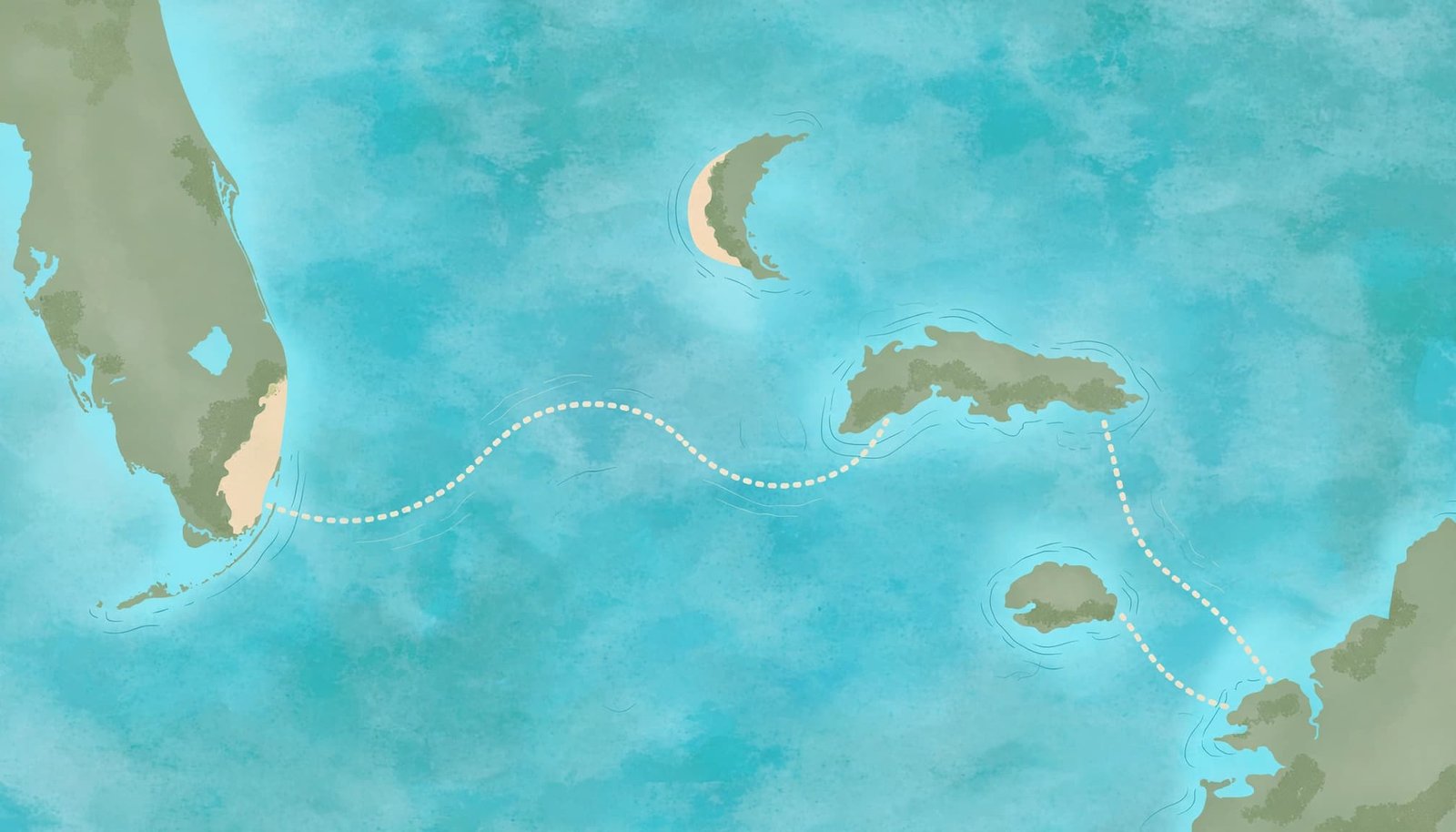 A map illustration shows a dotted travel route across a turquoise ocean between landmasses.