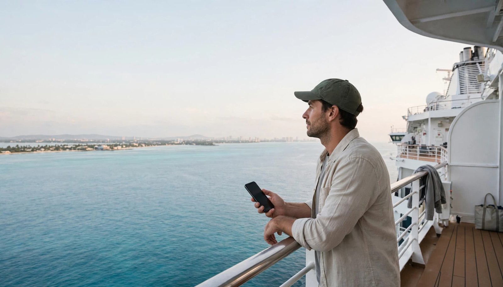 A traveler on a cruise deck looks toward Nassau while holding a phone.