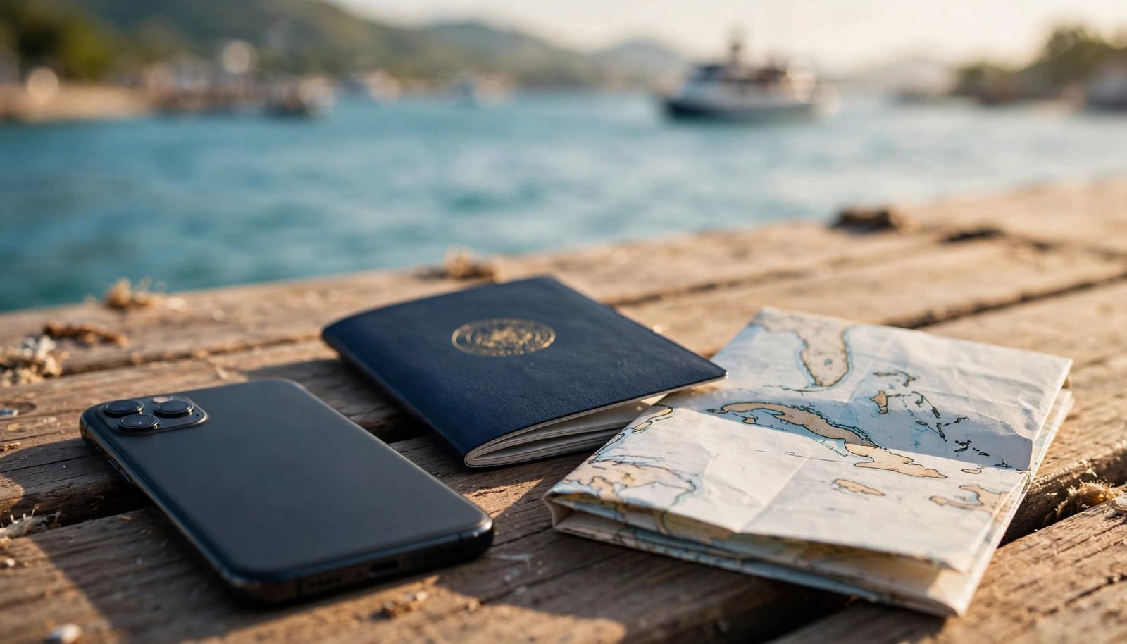 A phone, passport, and folded island map sit on a sunny pier overlooking a harbor.