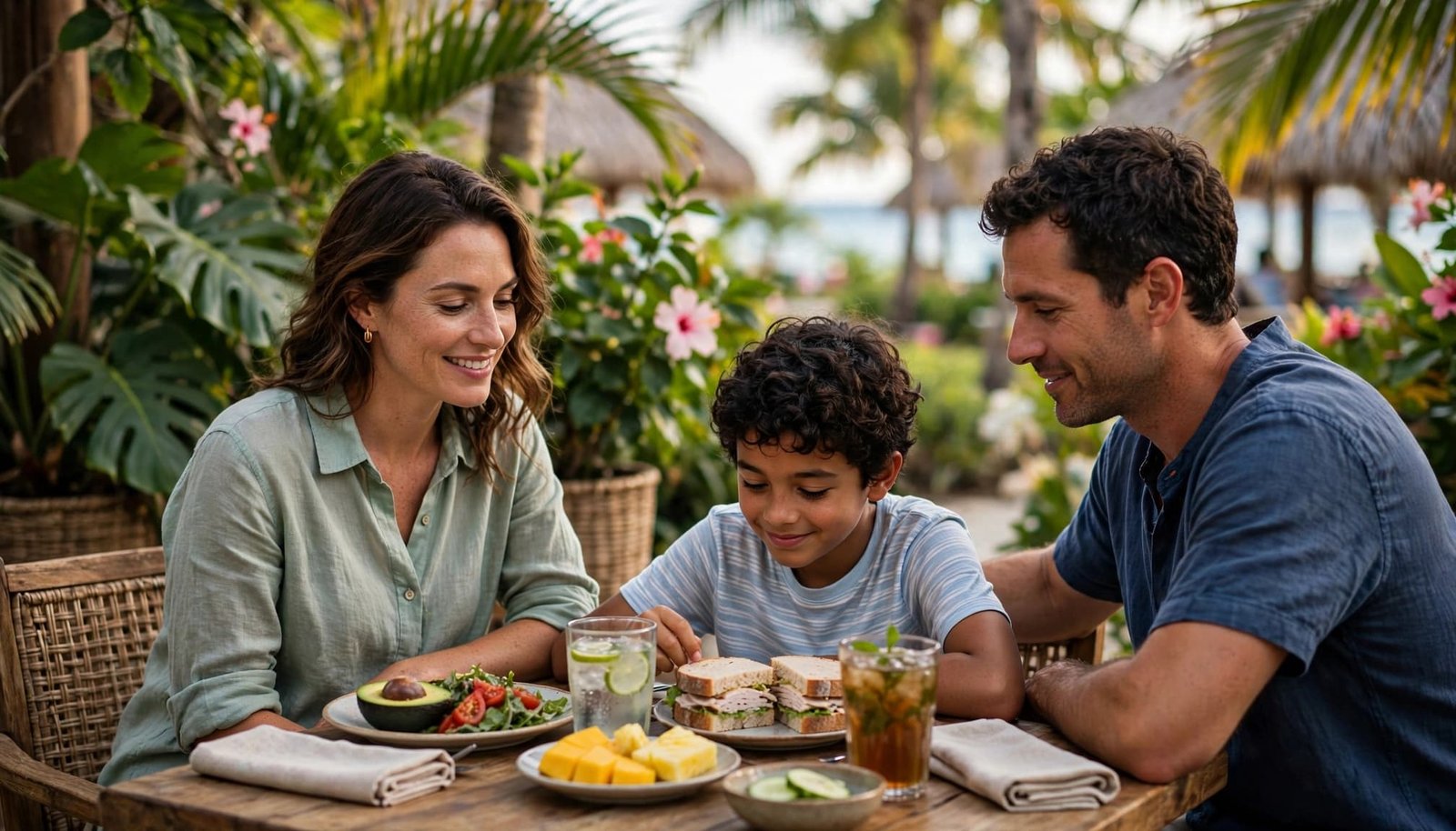 A family of three enjoys lunch together at an outdoor table in a tropical garden setting.