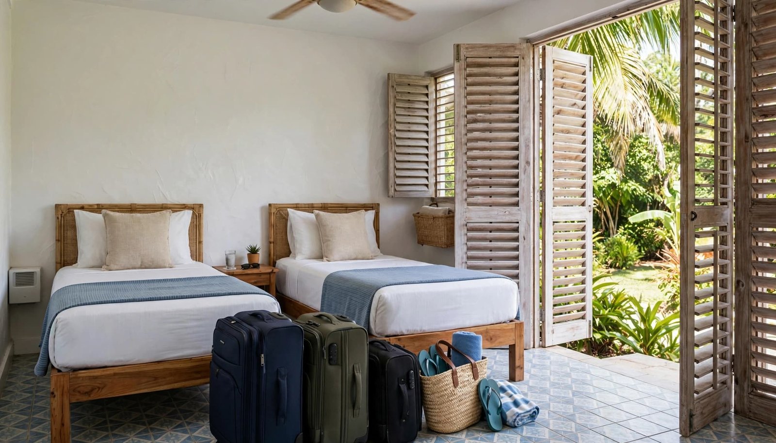 A hotel room with two single beds, suitcases in front, and open wooden shutters leading to a garden.