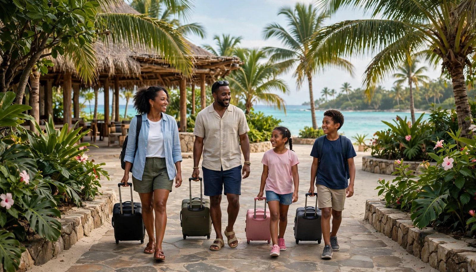 Two parents and two children arrive at a beachfront resort with suitcases.