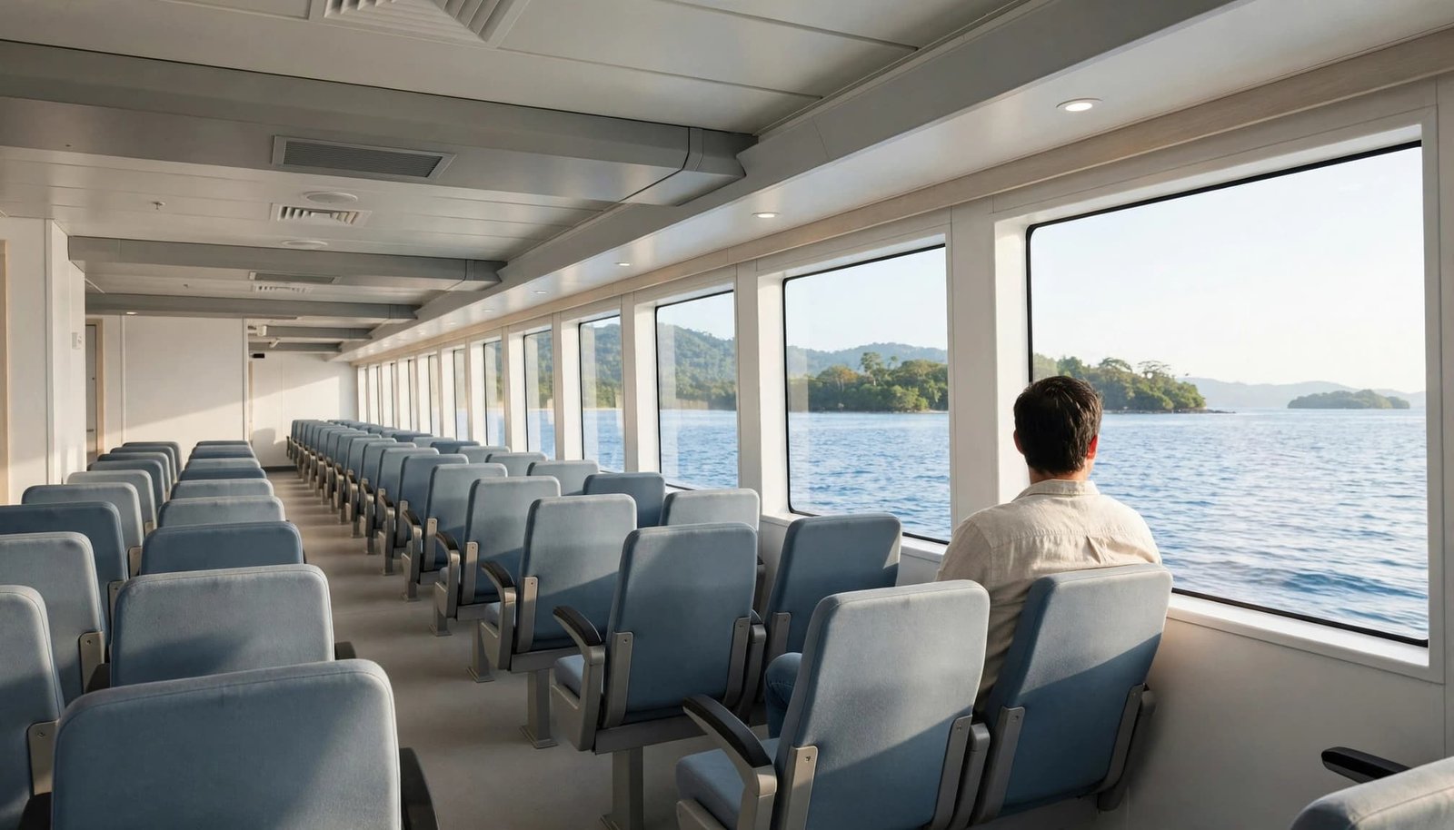 A lone passenger sits inside a modern ferry cabin looking out a large window at the ocean.