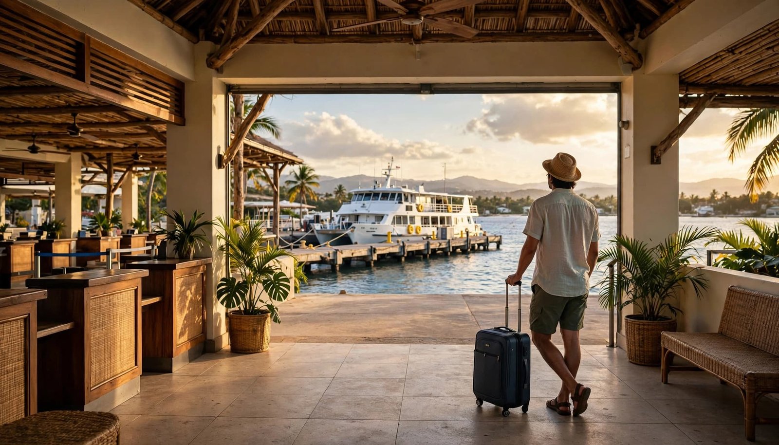 A traveler with a rolling suitcase looks out from a ferry terminal at a docked ship.