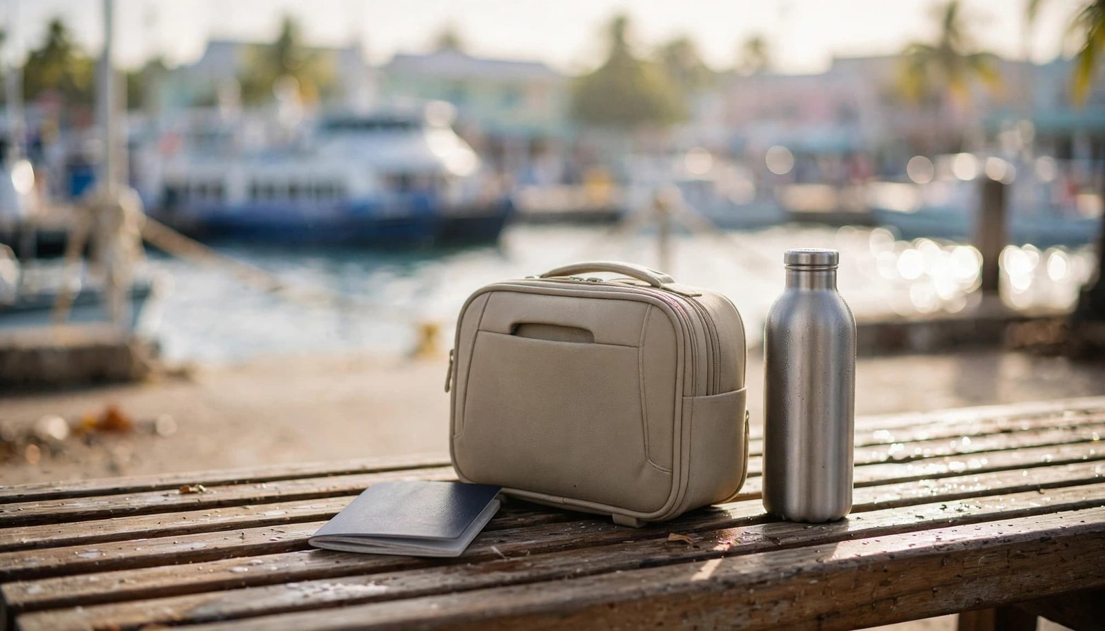 A passport, small bag, and water bottle on a wooden bench by a harbor.