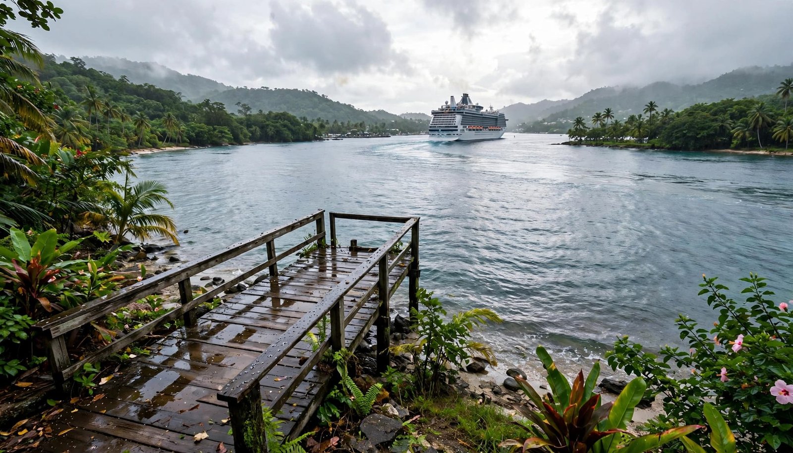 A cruise ship departs from a tropical harbor past an empty wooden pier.