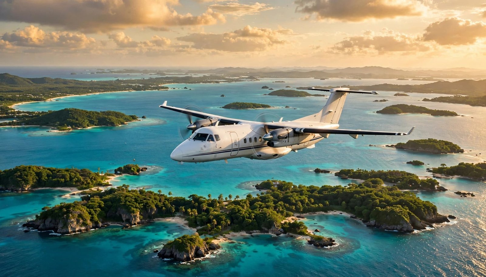A twin-engine turboprop aircraft flies over turquoise waters and green islands at sunset.