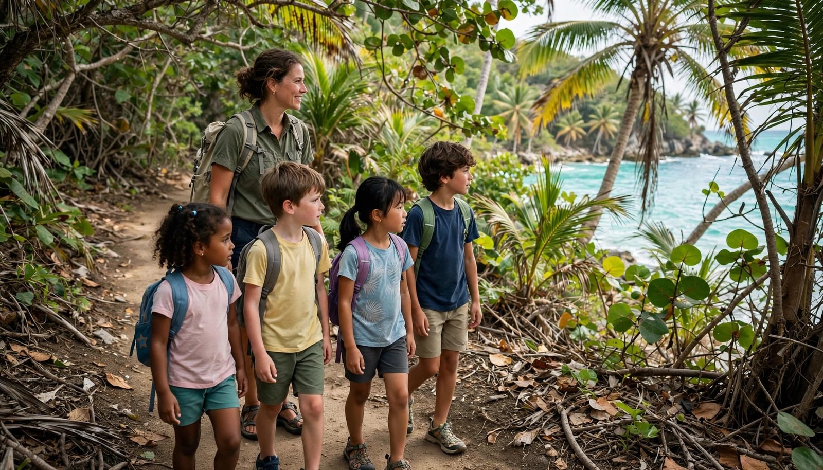Four children walk with an adult counselor on a palm-shaded trail beside the sea.