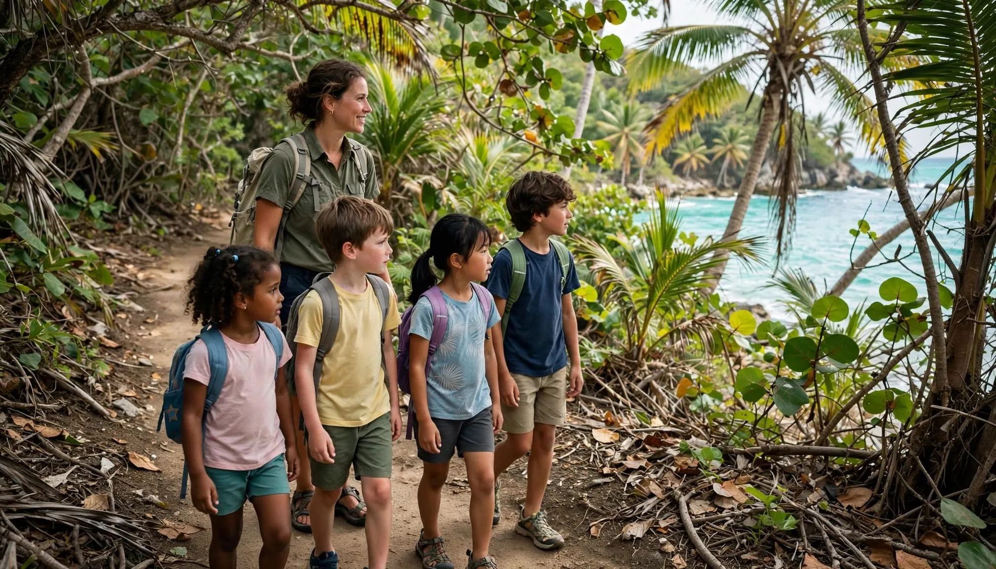 Four children walk with an adult counselor on a palm-shaded trail beside the sea.