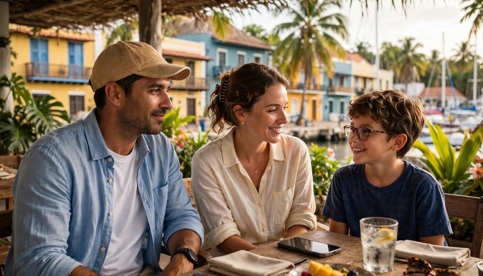A family of three sits at a cafe table with a phone face down as palms rise behind them.