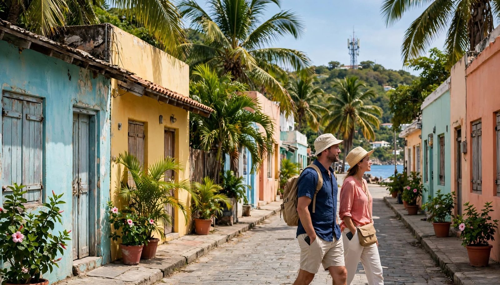 Two visitors walk past colorful buildings and palms near a distant mobile network mast.