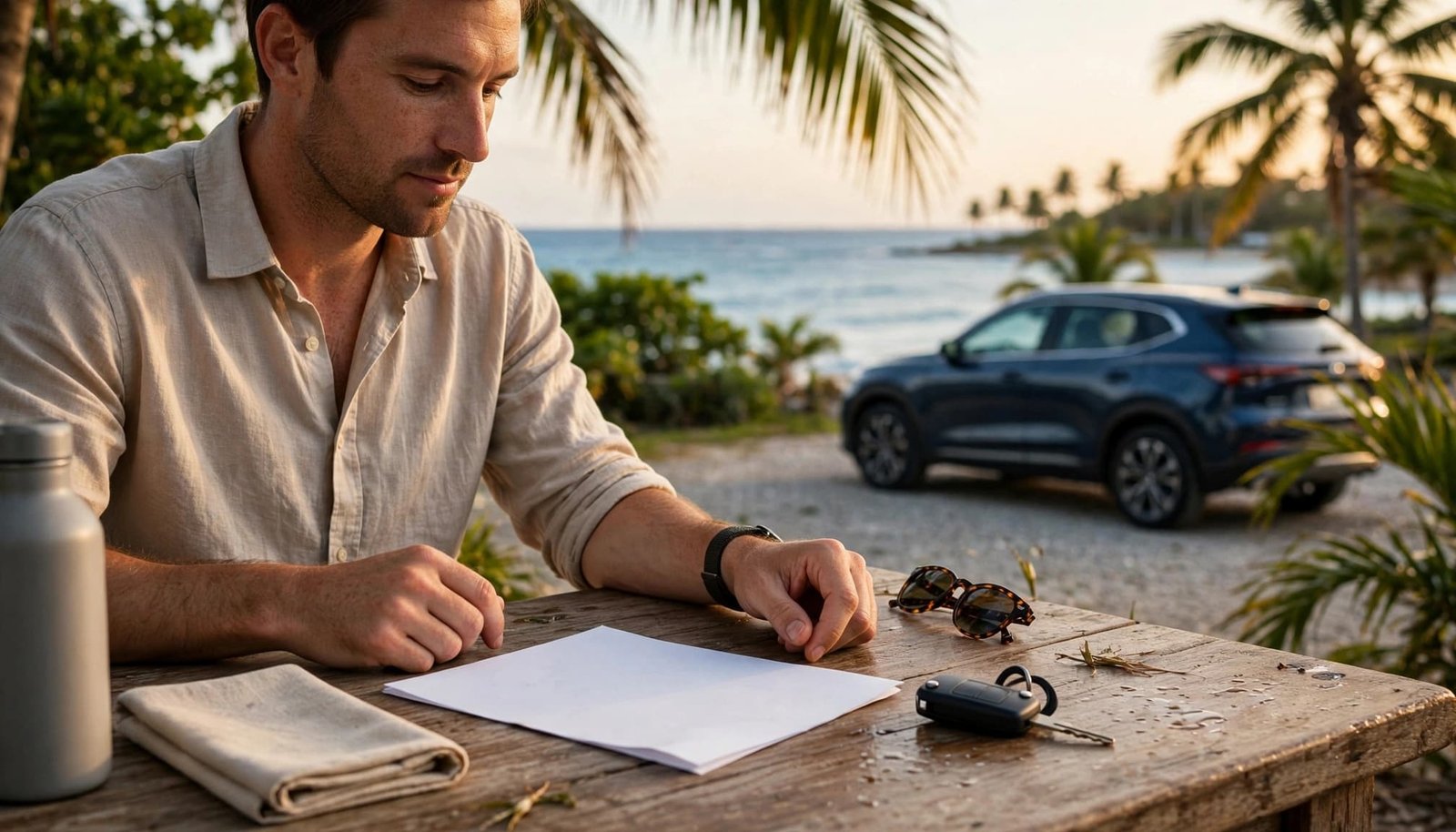 A man sits at an outdoor wooden table with a blank paper, car key, and sunglasses, overlooking the sea and a car.