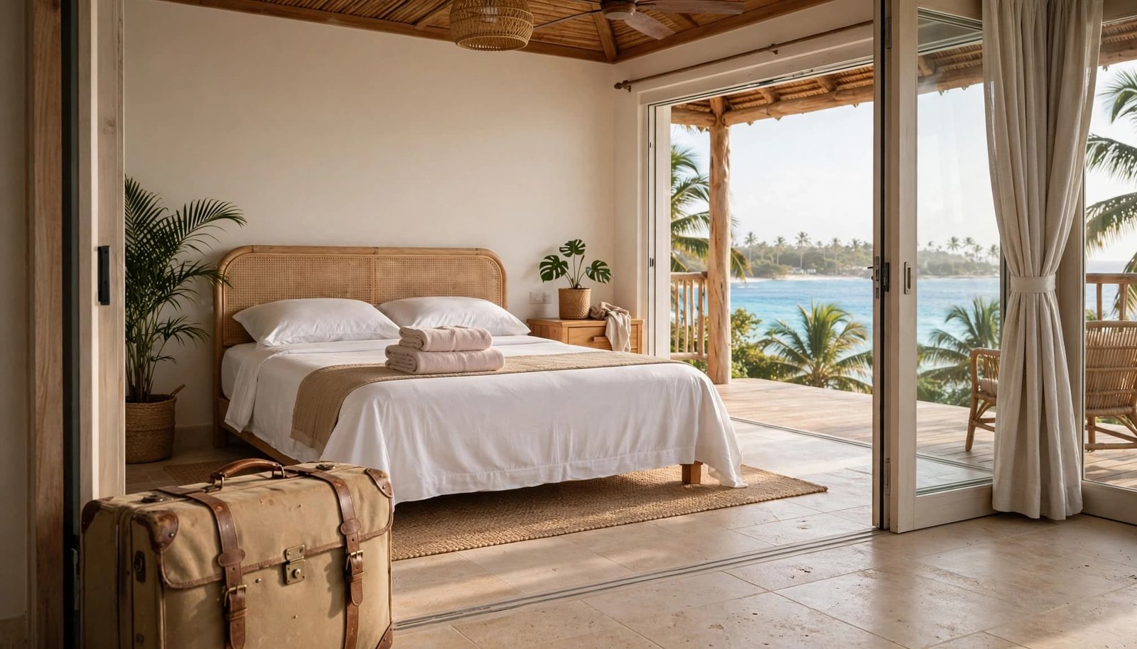 A tropical resort room with a made bed, suitcase in the foreground, and open doors showing the ocean.