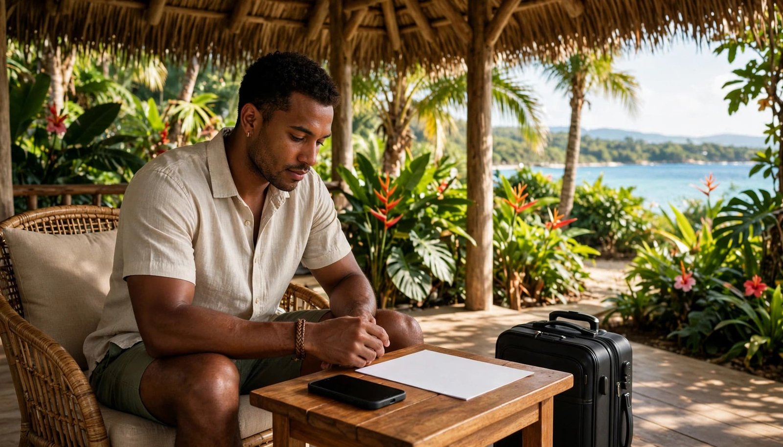 A man sits on a veranda with a smartphone and a blank paper on a table, with a suitcase nearby.