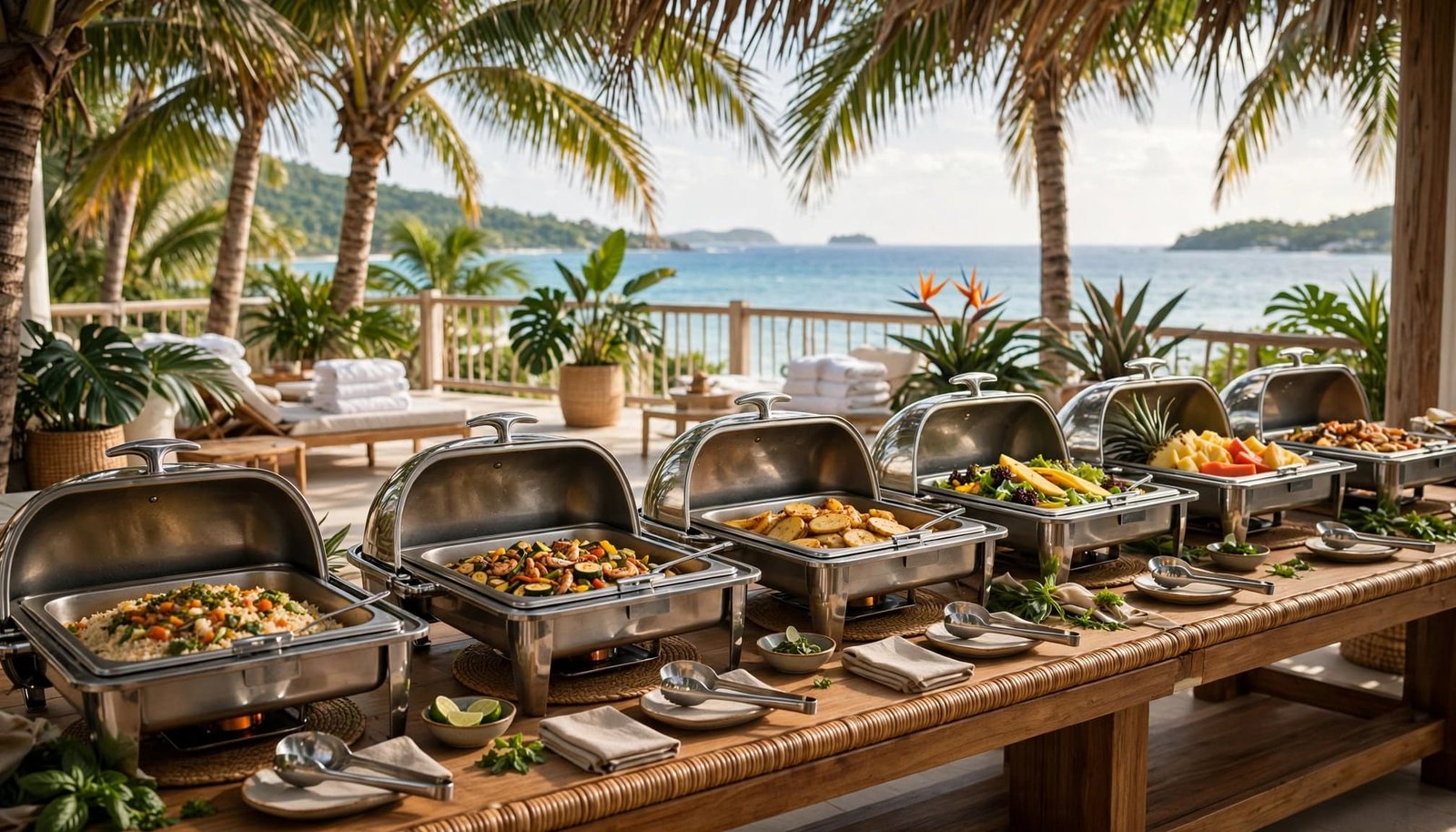 A resort buffet table on a tropical terrace with the ocean in the background.