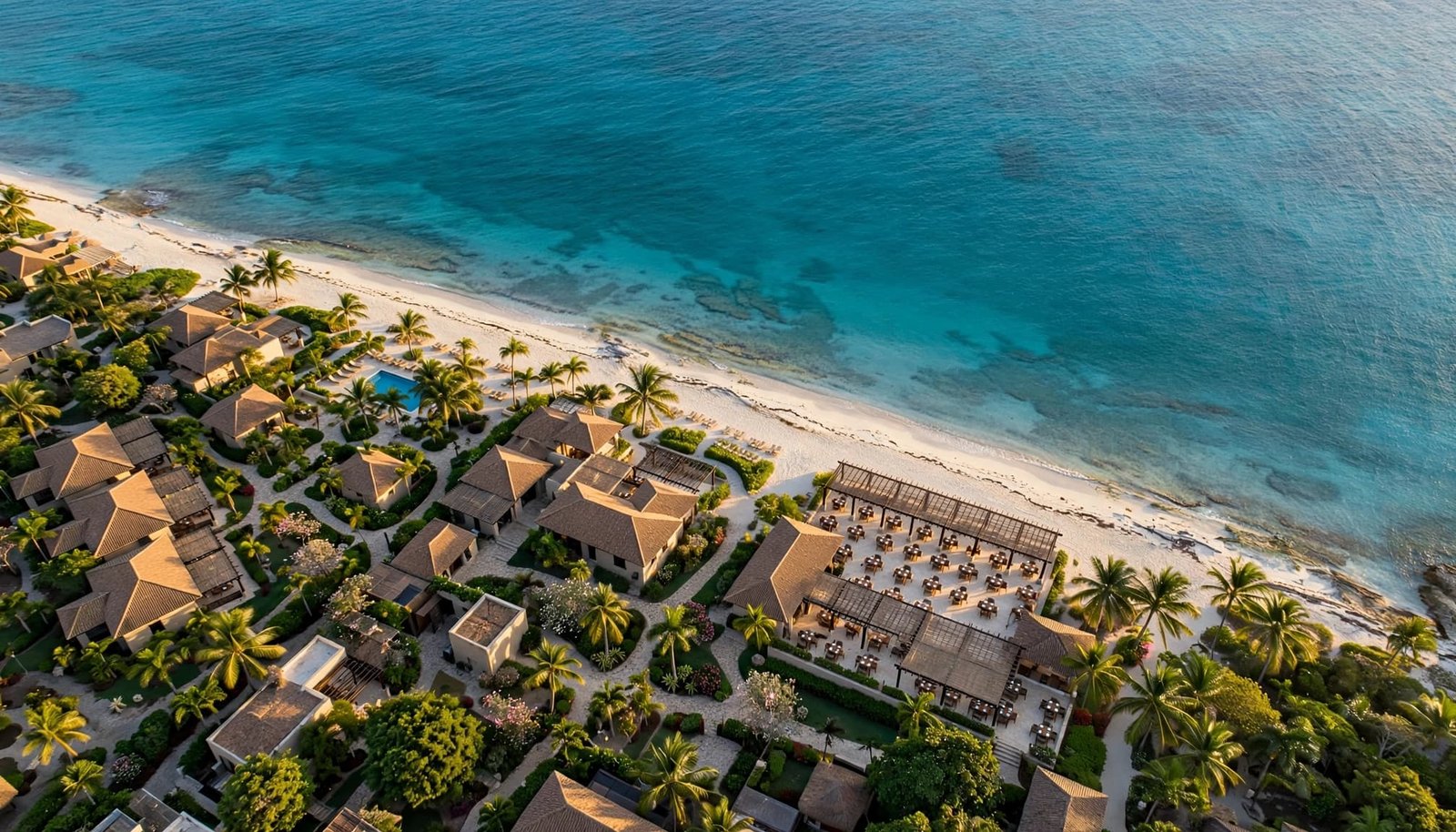 Aerial view of a Caribbean resort with low-rise buildings, dining terraces, palms, and turquoise water.