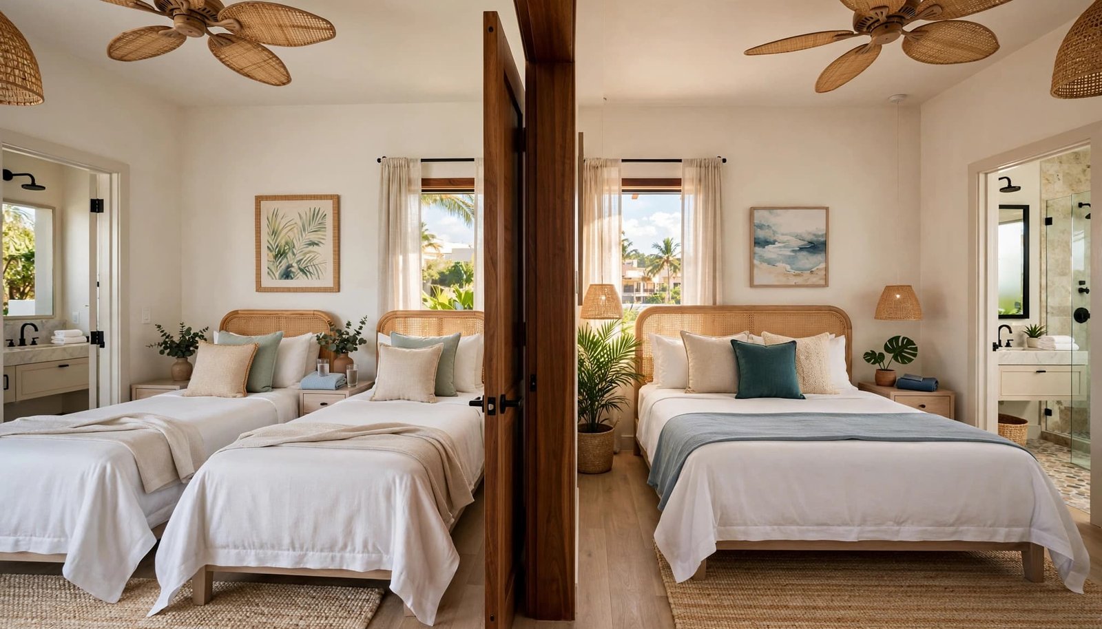 An open doorway connects a twin-bed room to a king-bed room, with bathrooms visible beyond.