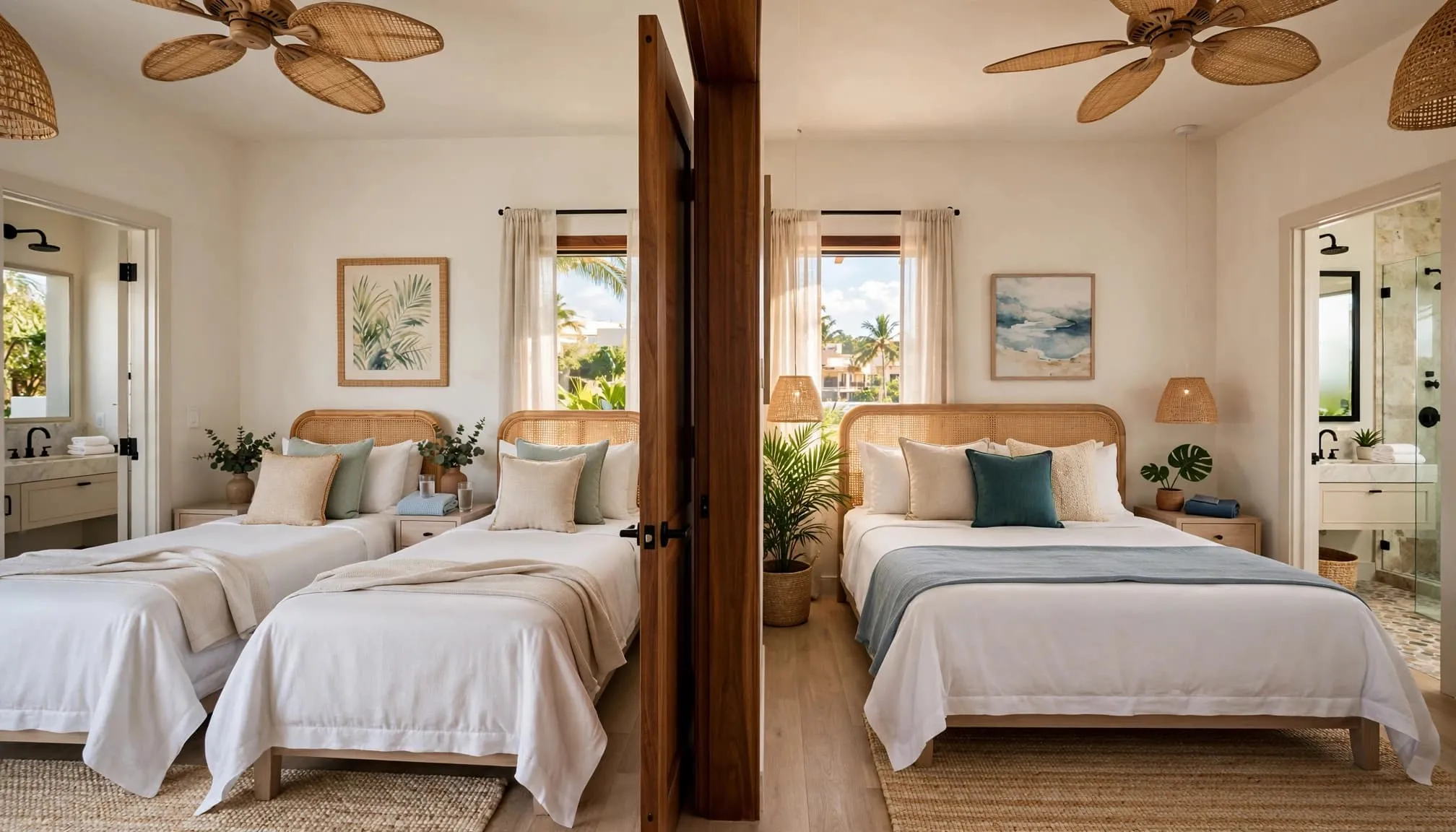 An open doorway connects a twin-bed room to a king-bed room, with bathrooms visible beyond.