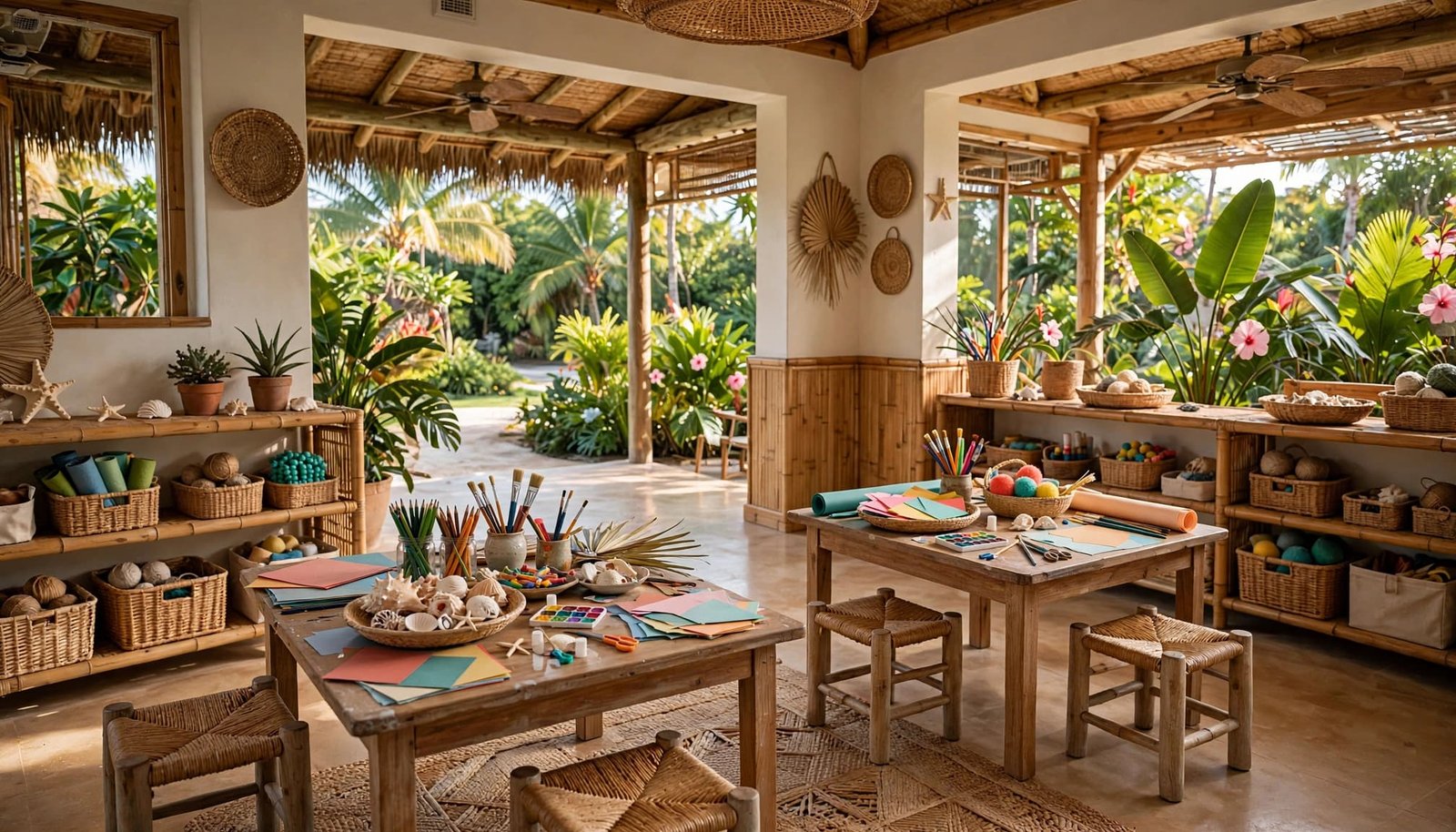 Two craft tables with colorful paper and seashells sit beside an open veranda.