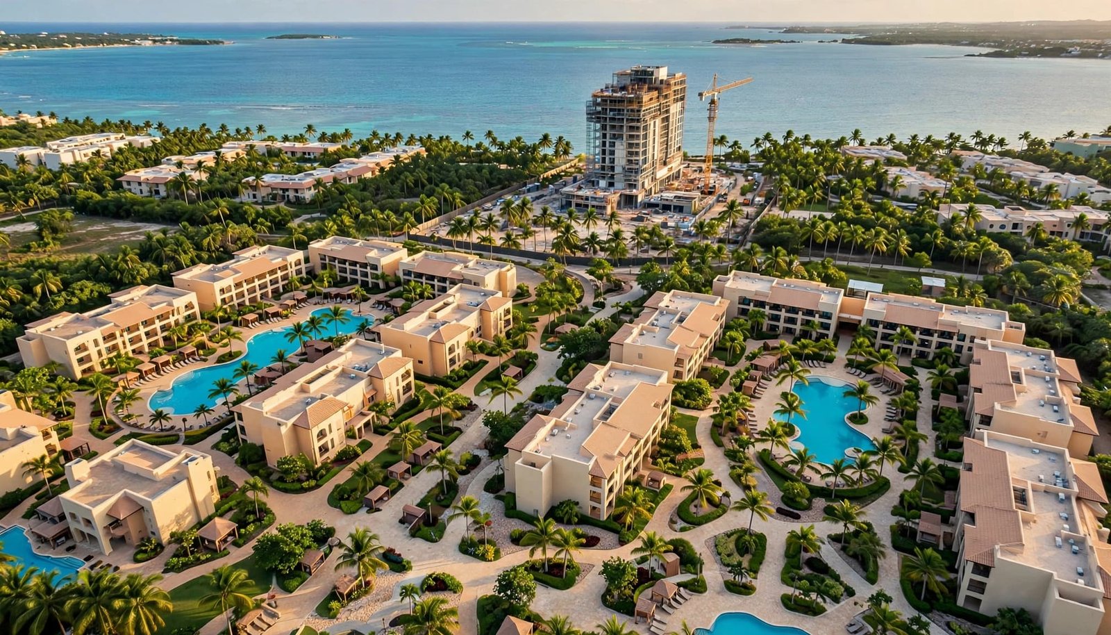 Aerial view of a resort with low-rise buildings, pools, and a hotel tower under construction.