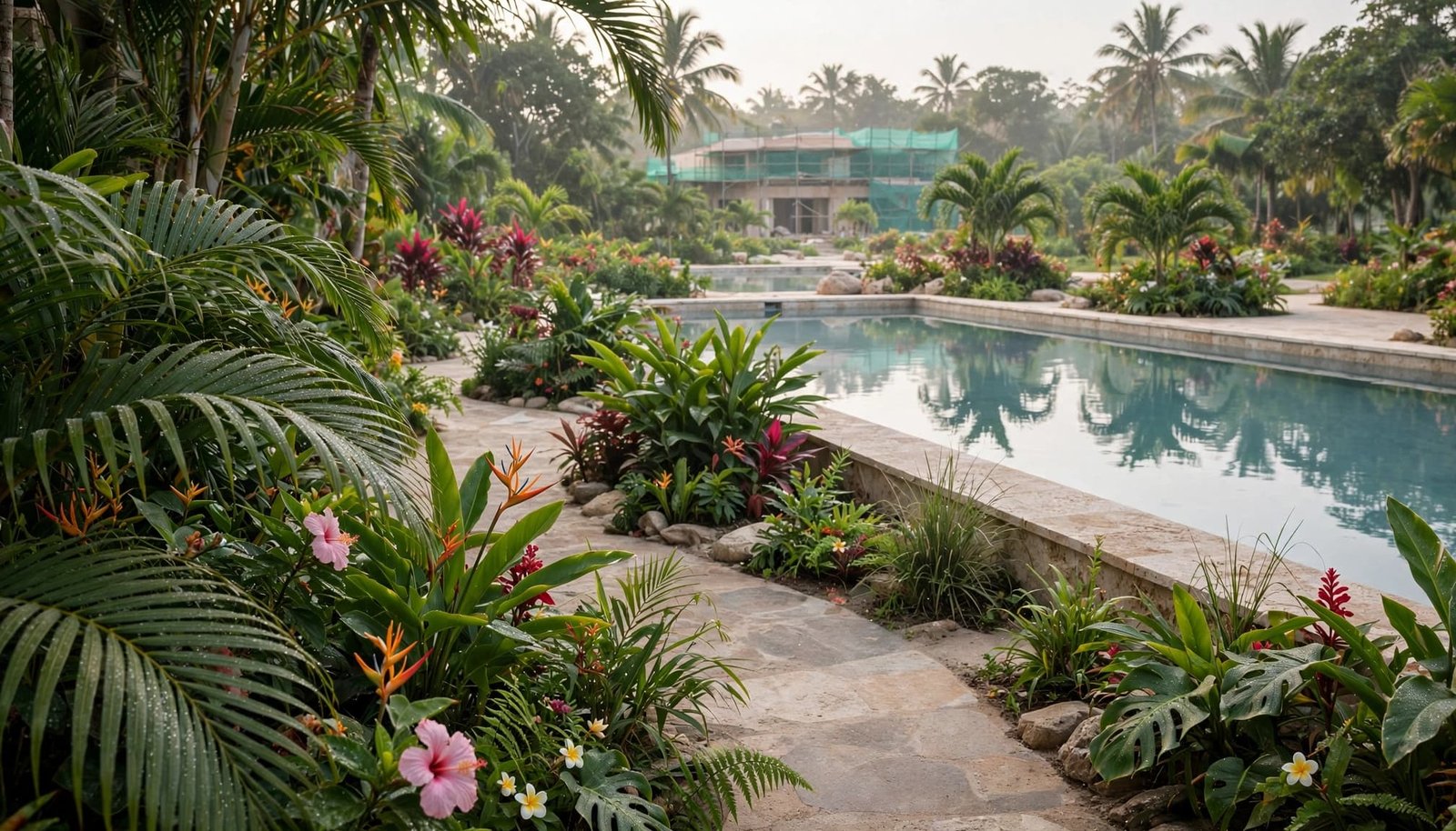 A quiet stone pathway winds through lush tropical foliage beside an empty resort swimming pool.