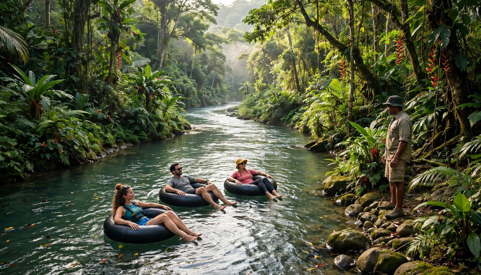 Three adults float on inner tubes in a gentle tropical river while a guide stands on the bank.