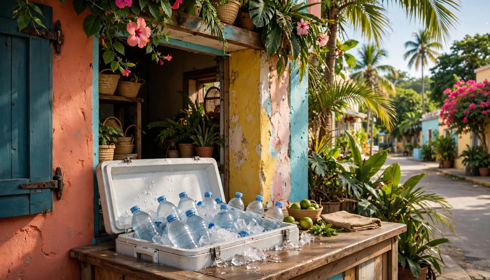 A cooler filled with water bottles and ice sits on a counter in front of a colorful Caribbean shop.