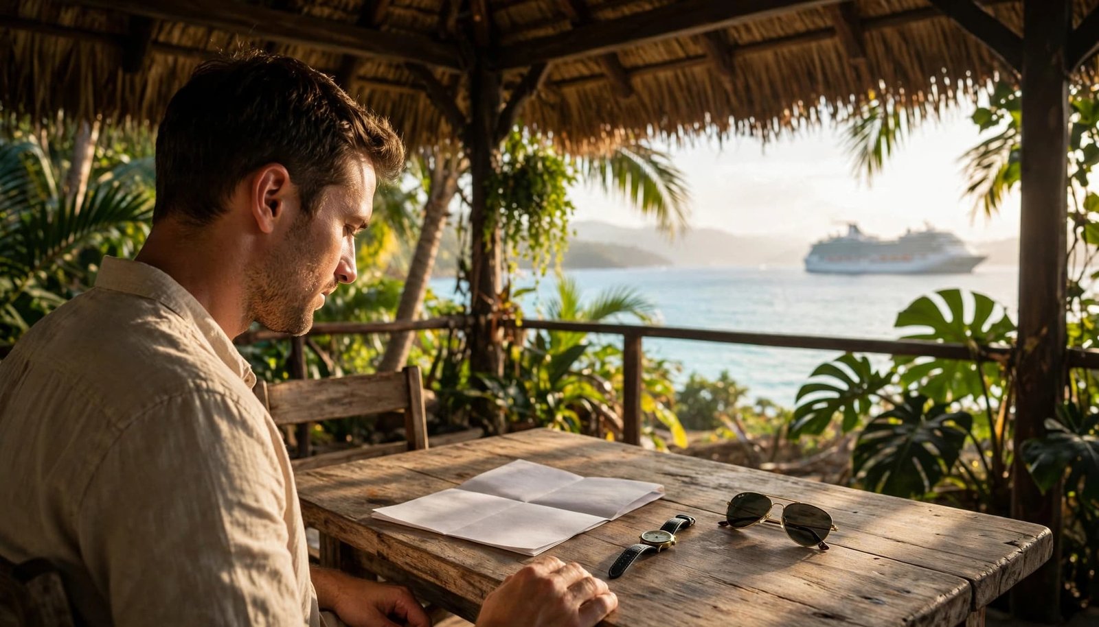 A traveler reviews a paper itinerary beside a watch and sunglasses, with a cruise ship offshore.