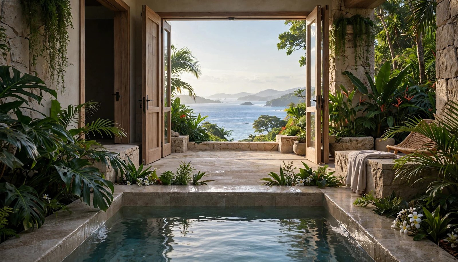 A secluded Caribbean villa courtyard has a small plunge pool, pale stone walls, tropical foliage, and open doors toward the sea.