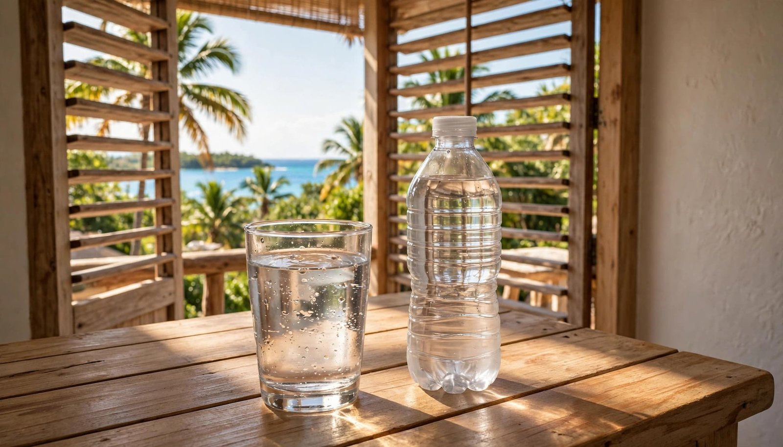 A glass of water and a bottled water on a wooden table with an ocean view.