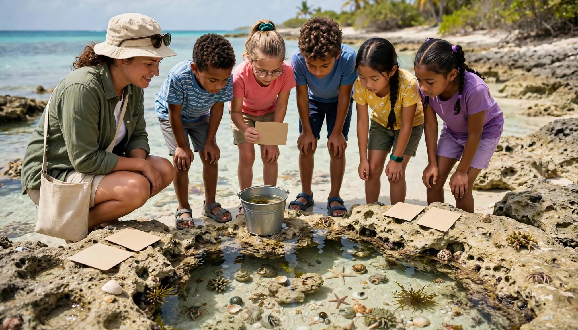 Children and a marine educator observe a tide pool beside a small bucket and cards.