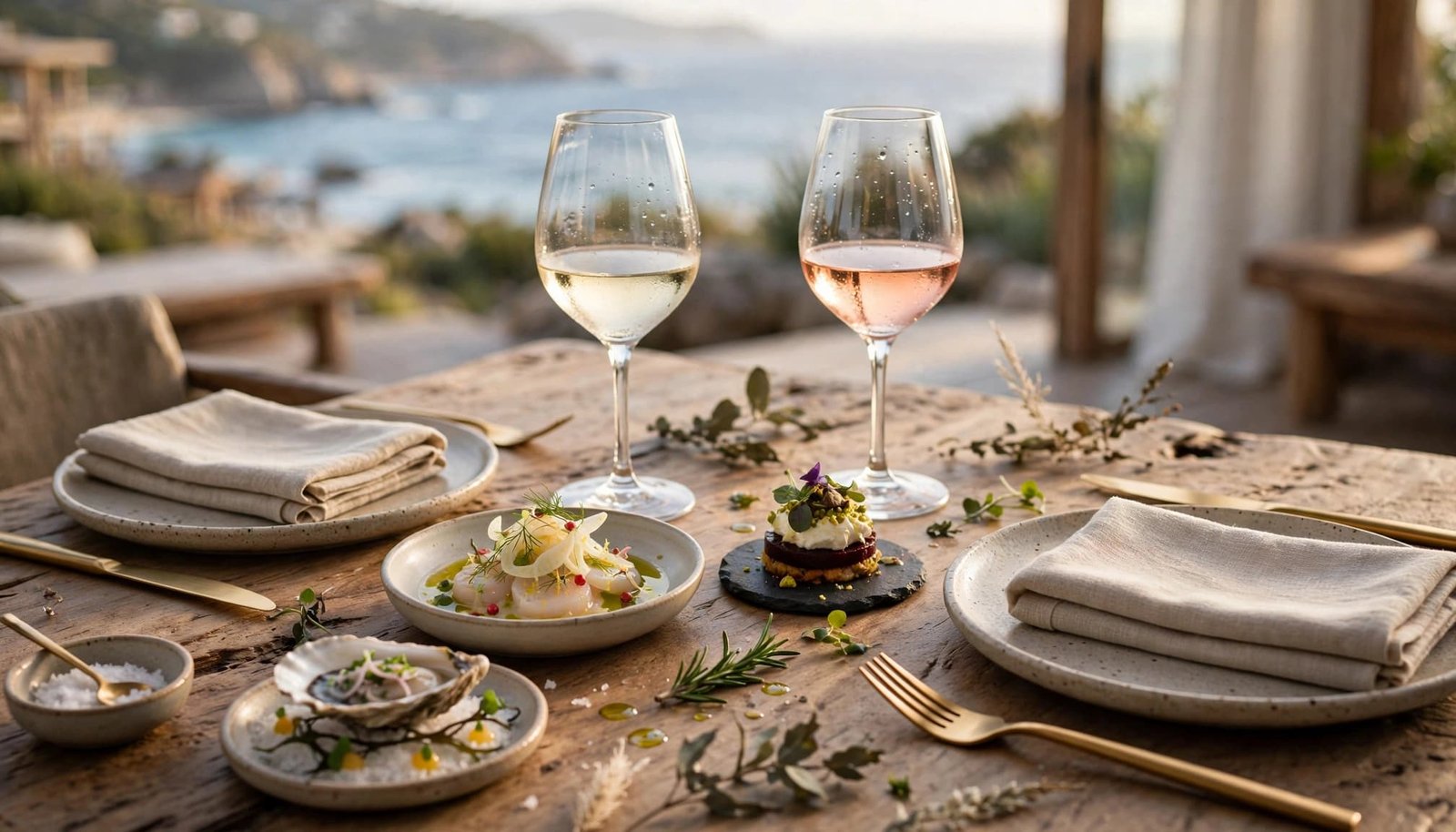 A rustic wooden table set for a coastal tasting-menu dinner with two glasses of wine and small courses.