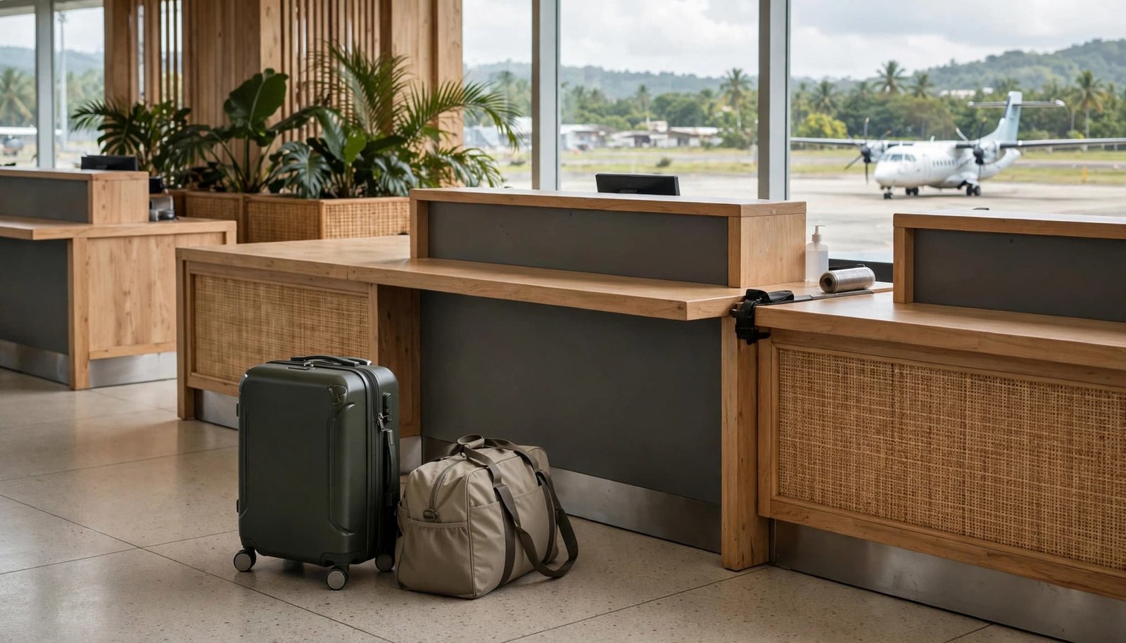 A suitcase and duffel bag stand by a wooden check-in counter with a turboprop airplane outside.