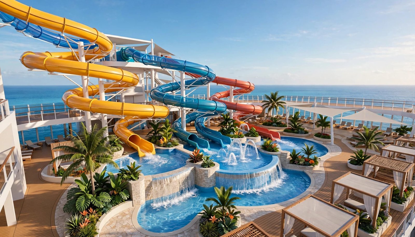 A colorful waterpark on a cruise ship deck with twisting slides, pools, and fountains.