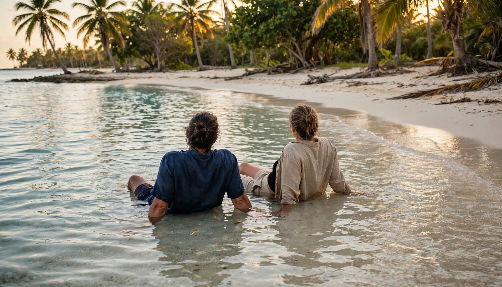 Two adults relax side by side in shallow Caribbean water beside a palm-lined beach, with gentle waves and no surrounding crowds.