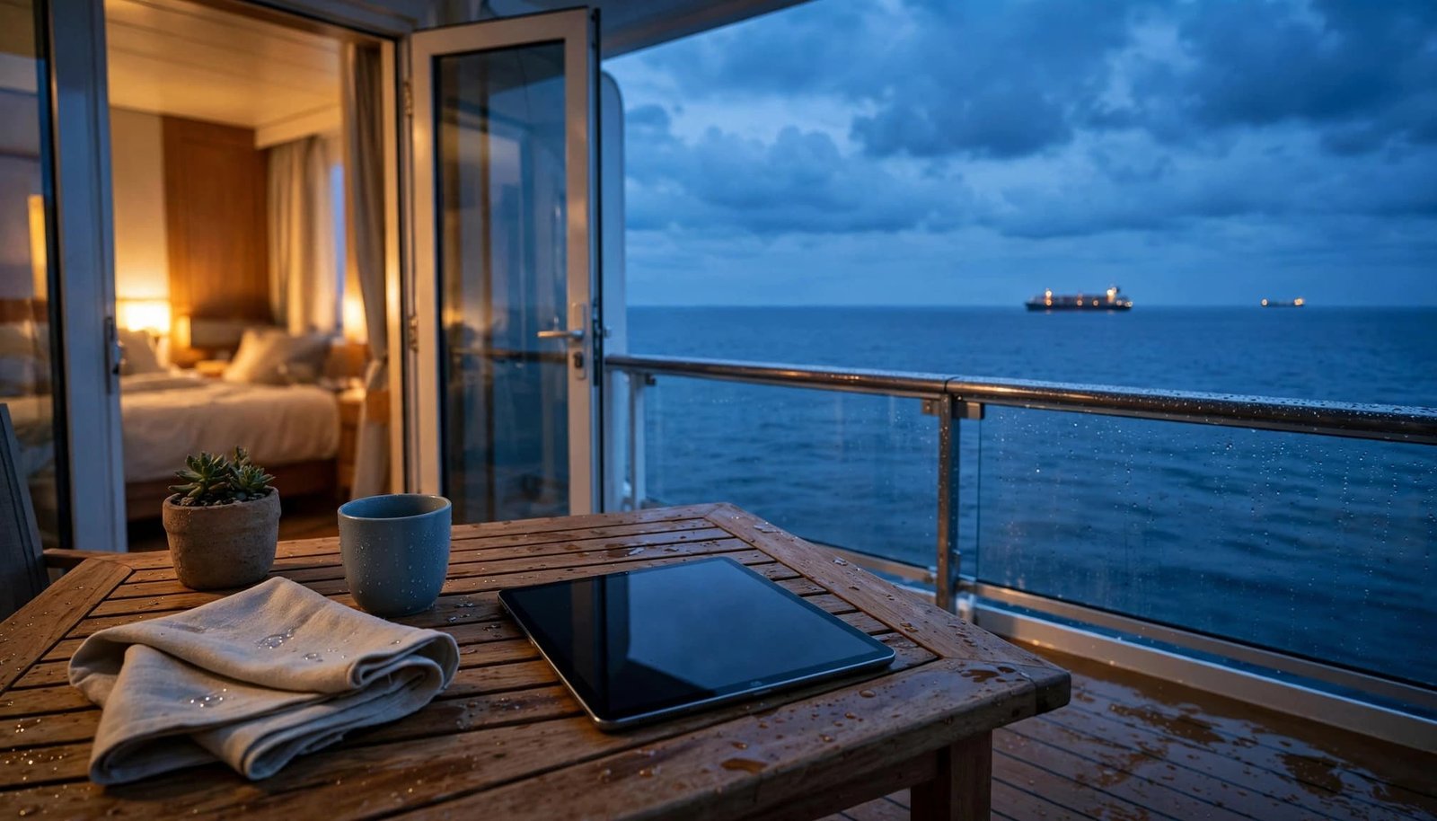A tablet sits on a cruise balcony table overlooking the ocean at dusk.