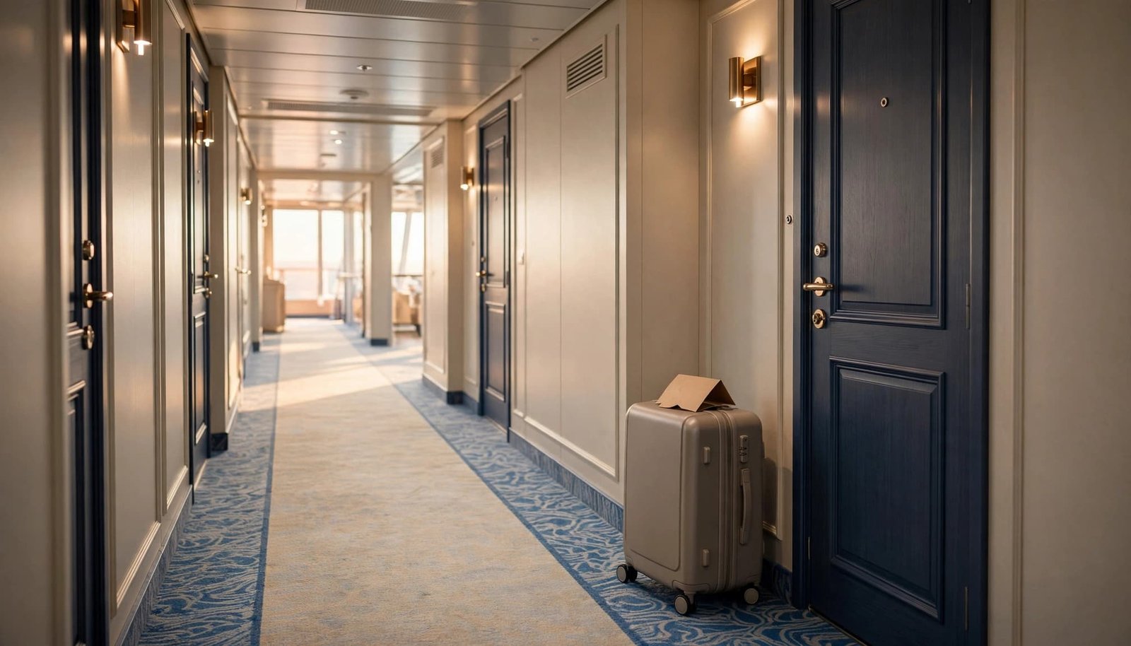 A quiet cruise ship hallway with a single suitcase parked by a blue cabin door.