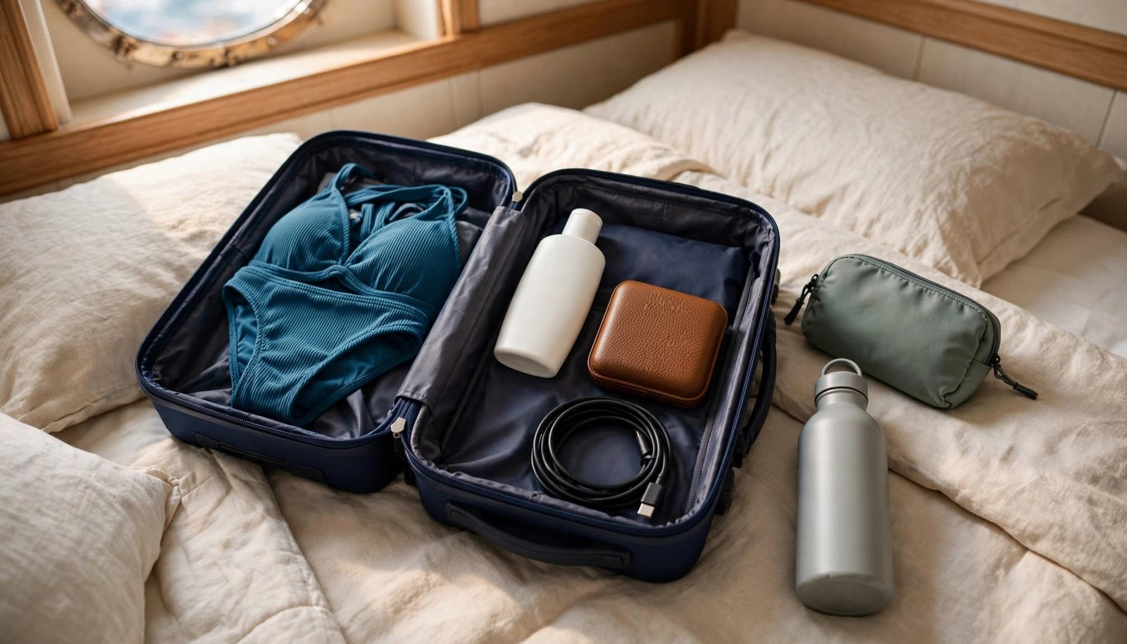 An open carry-on suitcase on a bed containing a blue swimsuit, white bottle, leather case, and charging cable.