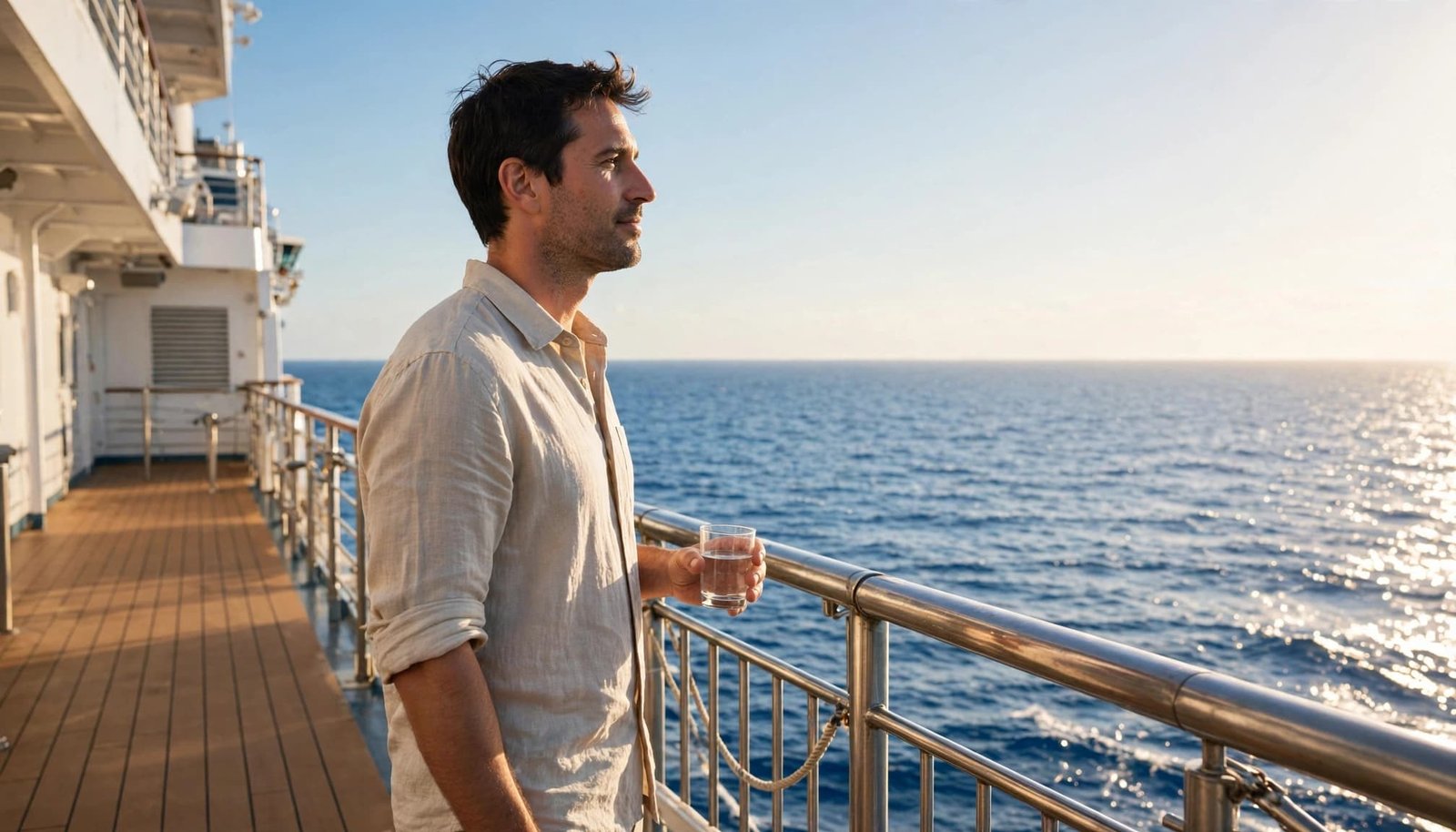 A man stands on a cruise ship deck holding a glass of water, looking out at the ocean.