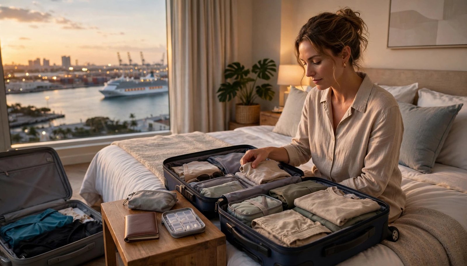 A woman checks an open carry-on beside a table with travel essentials.