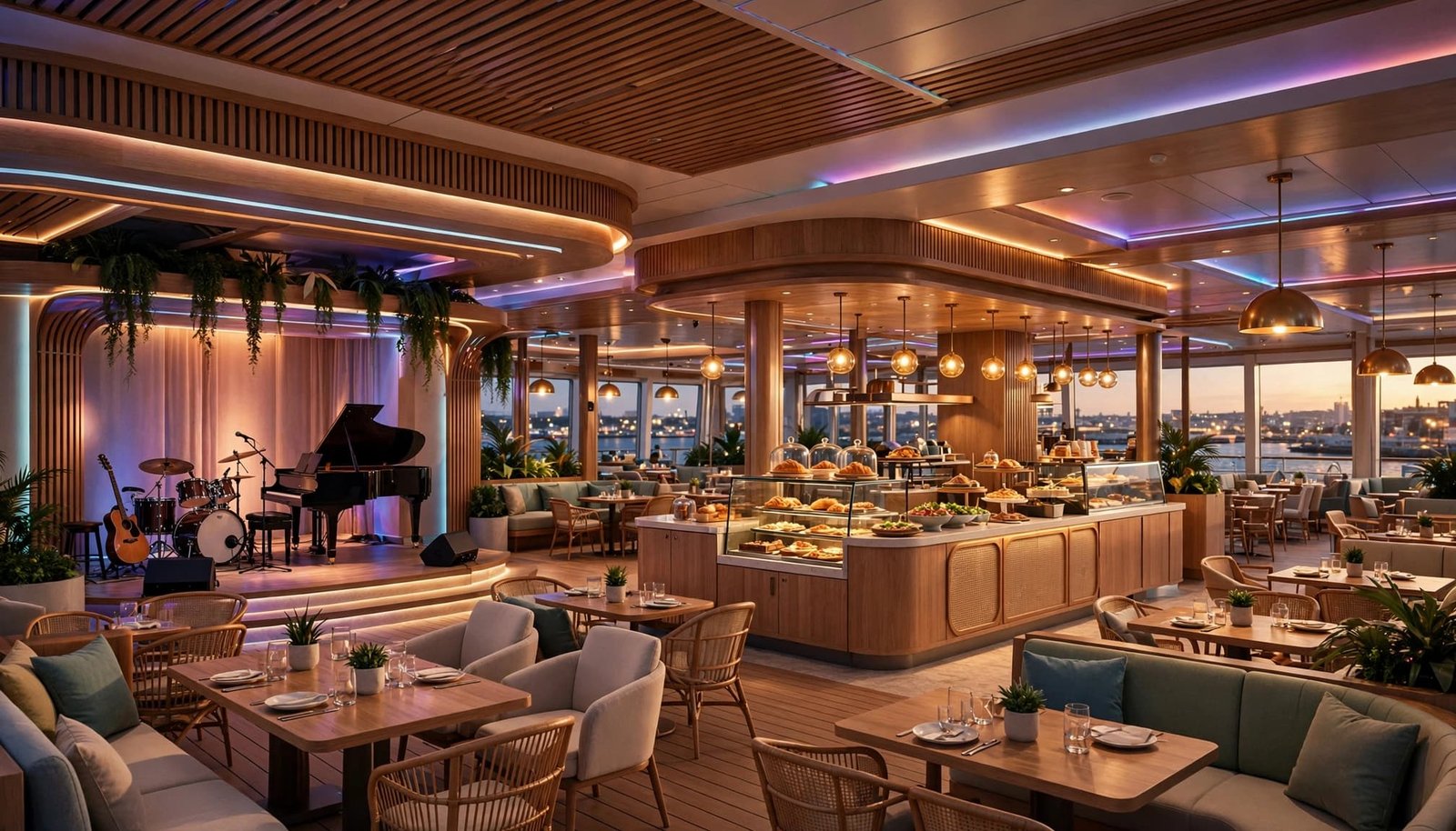 A modern cruise ship interior featuring a dining area, food counter, and a stage with a grand piano.