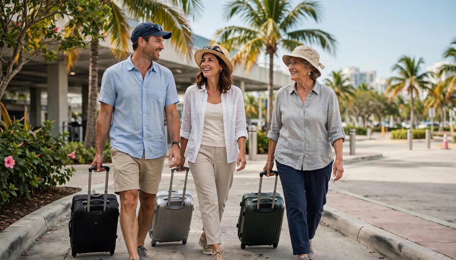 Three travelers walking with rolling suitcases outside in bright tropical daylight.
