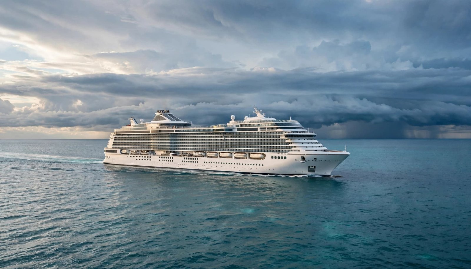 A large white cruise ship sails across calm turquoise ocean water under dramatic storm clouds.