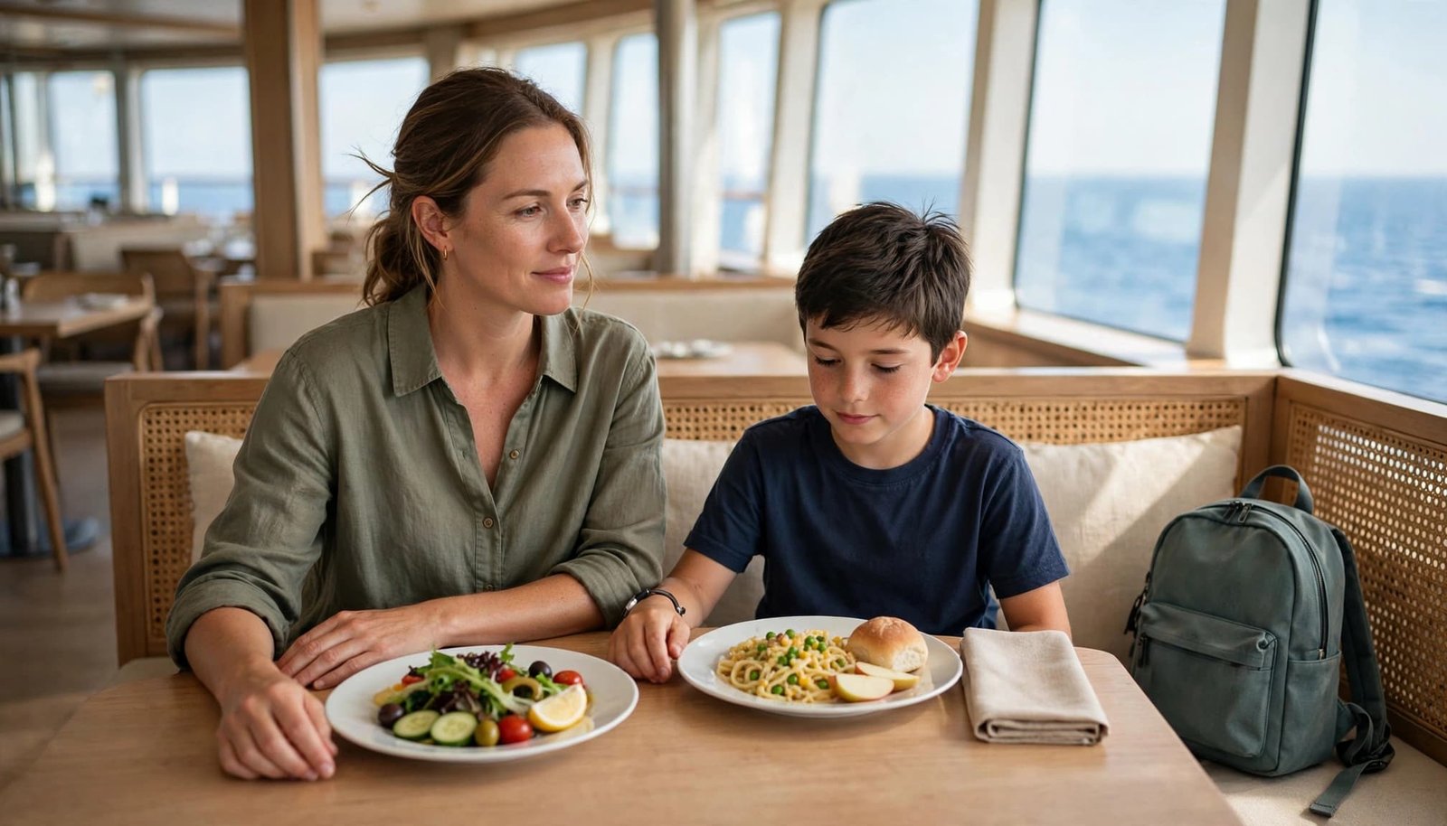 A woman and a young boy sitting at a buffet table with food, with the ocean visible through the window.