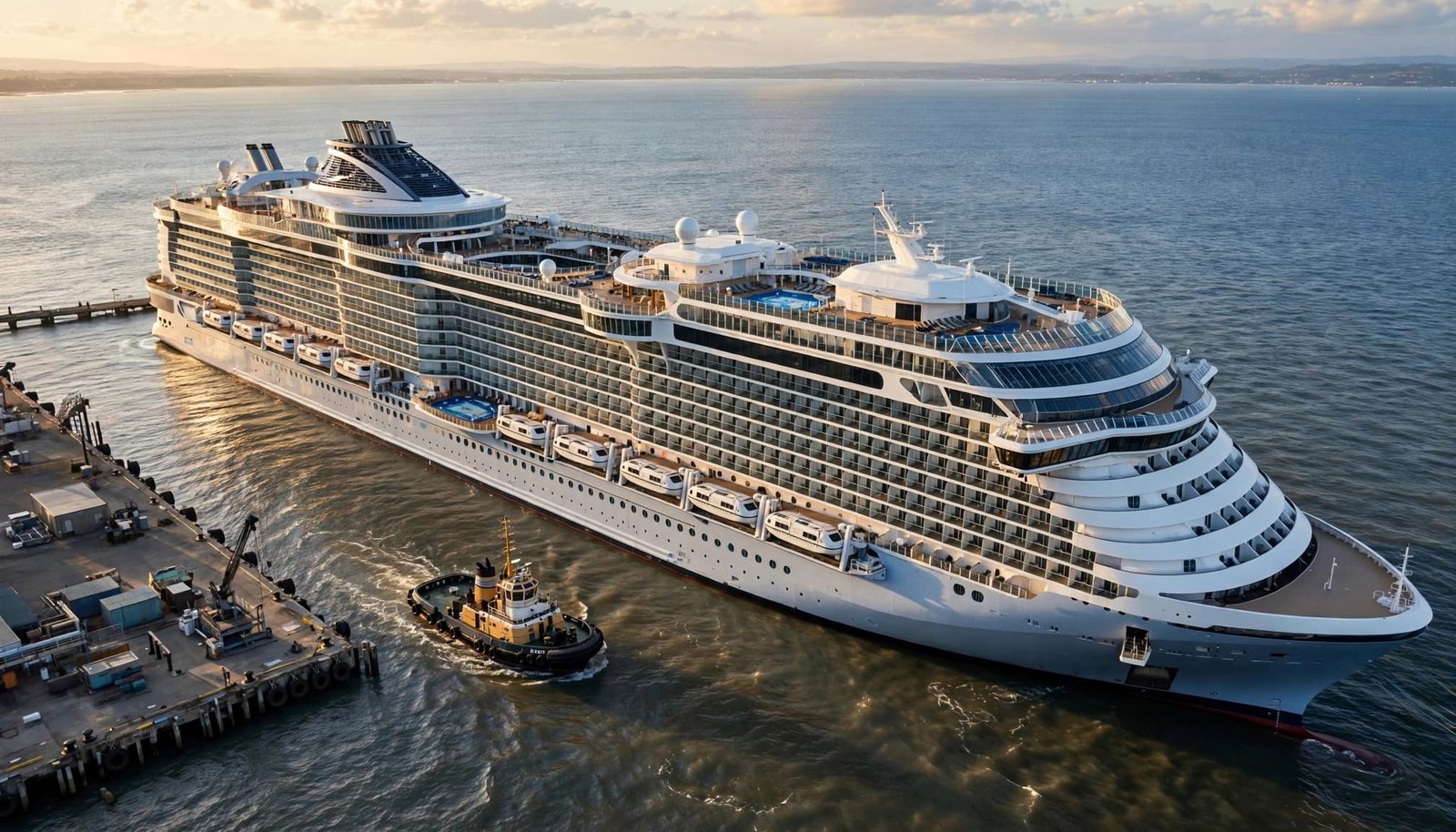 An aerial view of a massive cruise ship docked next to a small harbor tugboat in the ocean.